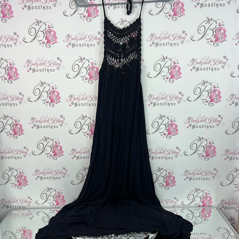 Billabong dress maxi crochet boho summer dress Black Backless Maxi Dress